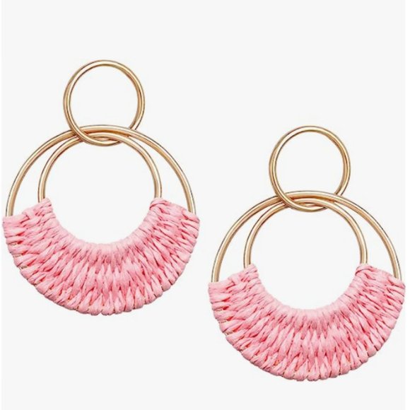 Pink Woven Raffia Gold Hoop Earrings Wicker Hoops Links Post Vacation Style New - Picture 4 of 5